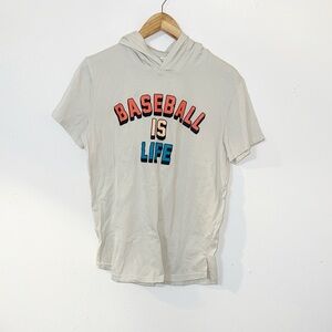 Plate crate “baseball is life” hooded cream short sleeve men’s shirt